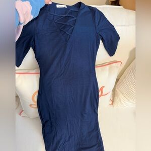 Navy Blue Midi Dress with Crisscross Neckline